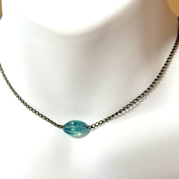 2/$20, Natural Teal Fluorite Short Necklace, Genuine Gemstone & Bronze Chain - Picture 2 of 11